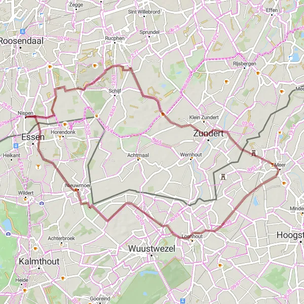 Miniature de la carte de l'inspiration cycliste "Aventure gravel au départ d'Essen" dans la Prov. Antwerpen, Belgium. Générée par le planificateur d'itinéraire cycliste Tarmacs.app