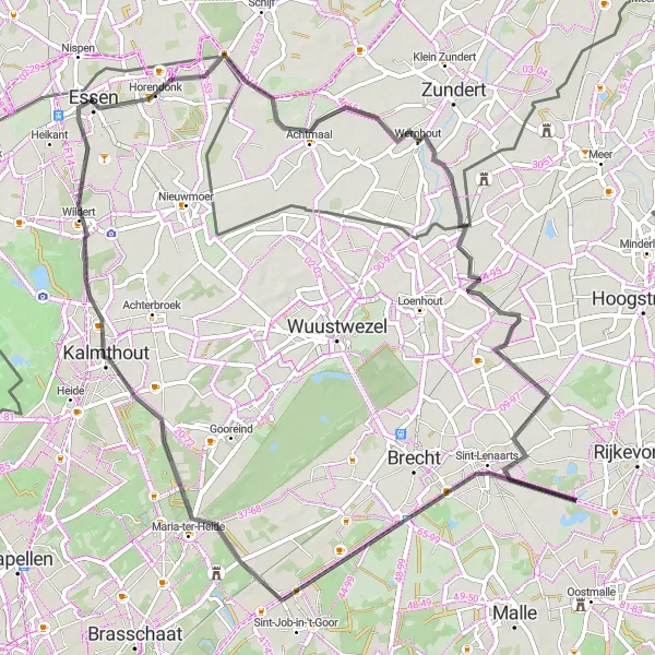 Miniature de la carte de l'inspiration cycliste "Exploration des villages flamands en vélo" dans la Prov. Antwerpen, Belgium. Générée par le planificateur d'itinéraire cycliste Tarmacs.app