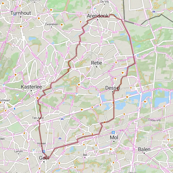 Miniature de la carte de l'inspiration cycliste "Circuit Gravel autour de Geel" dans la Prov. Antwerpen, Belgium. Générée par le planificateur d'itinéraire cycliste Tarmacs.app