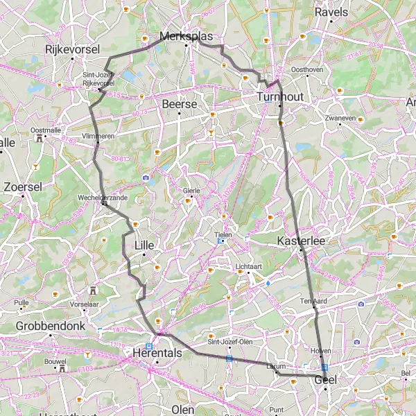Map miniature of "Larum and Kasterlee Road Route" cycling inspiration in Prov. Antwerpen, Belgium. Generated by Tarmacs.app cycling route planner