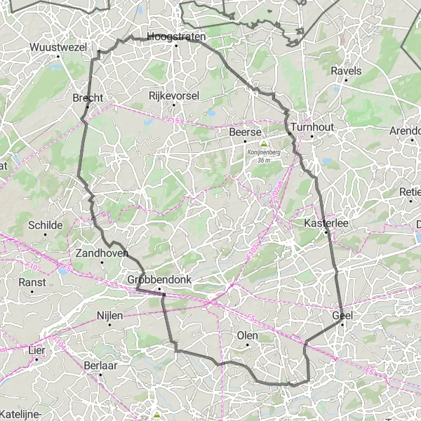 Miniature de la carte de l'inspiration cycliste "Parcours Route aux Environs de Geel" dans la Prov. Antwerpen, Belgium. Générée par le planificateur d'itinéraire cycliste Tarmacs.app