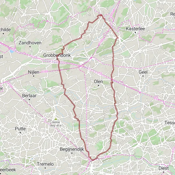 Map miniature of "Gravel and Nature in Tielen and Hulshout" cycling inspiration in Prov. Antwerpen, Belgium. Generated by Tarmacs.app cycling route planner