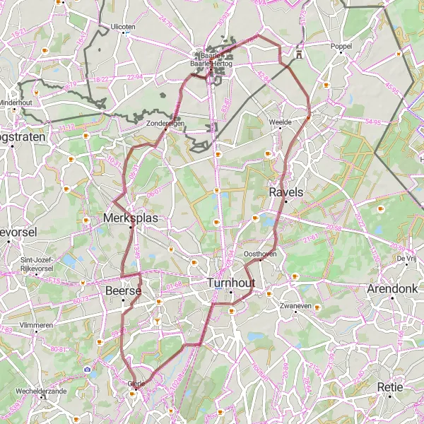 Map miniature of "Scenic Gravel Ride through Merksplas and Baarle-Nassau" cycling inspiration in Prov. Antwerpen, Belgium. Generated by Tarmacs.app cycling route planner