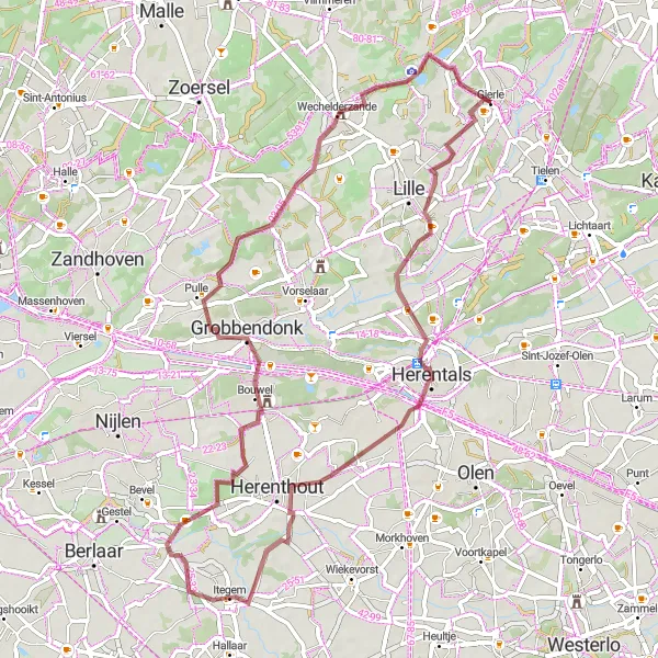 Map miniature of "Gravel Adventure from Gierle to Pulle" cycling inspiration in Prov. Antwerpen, Belgium. Generated by Tarmacs.app cycling route planner