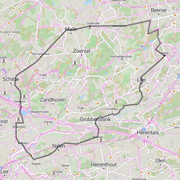 Miniature de la carte de l'inspiration cycliste "Le Tour des Châteaux de Campine" dans la Prov. Antwerpen, Belgium. Générée par le planificateur d'itinéraire cycliste Tarmacs.app
