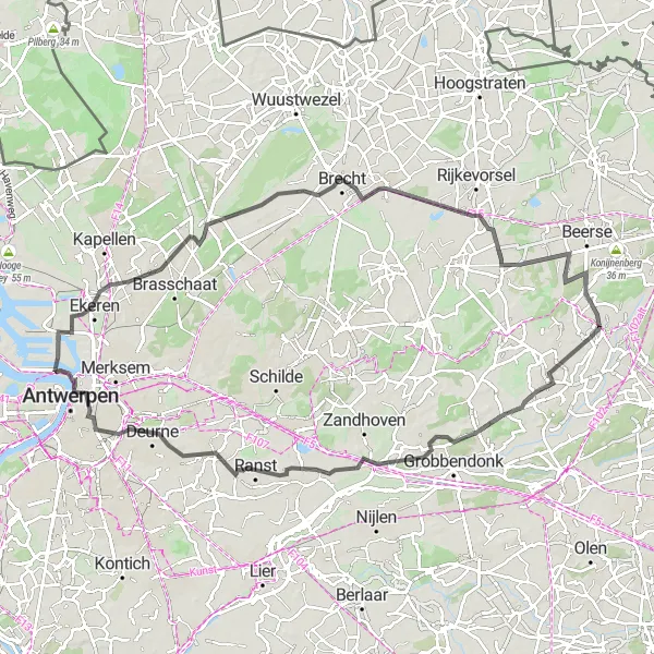 Miniature de la carte de l'inspiration cycliste "Grand Tour de la Campine flamande" dans la Prov. Antwerpen, Belgium. Générée par le planificateur d'itinéraire cycliste Tarmacs.app