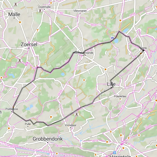 Map miniature of "Road Cycling in and around Gierle, Pulderbos, and Wechelderzande" cycling inspiration in Prov. Antwerpen, Belgium. Generated by Tarmacs.app cycling route planner