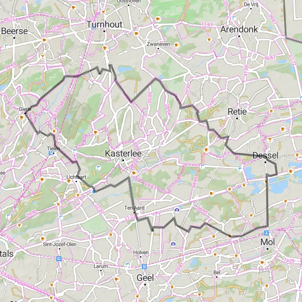 Karten-Miniaturansicht der Radinspiration "Große Radtour durch Groot Rees und Millegem" in Prov. Antwerpen, Belgium. Erstellt vom Tarmacs.app-Routenplaner für Radtouren