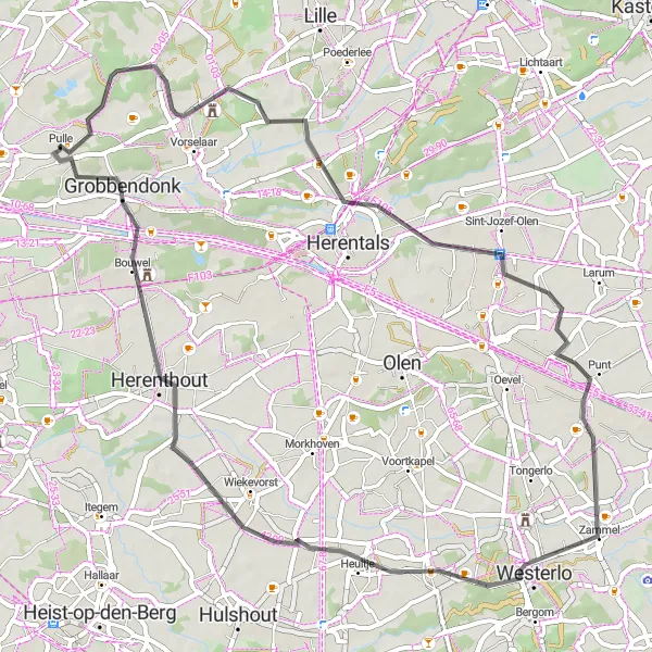 Miniatuurkaart van de fietsinspiratie "Fietsroute Grobbendonk - Pulle - De Toeristentoren - Zammel - Zoerle-Parwijs - Grobbendonk" in Prov. Antwerpen, Belgium. Gemaakt door de Tarmacs.app fietsrouteplanner