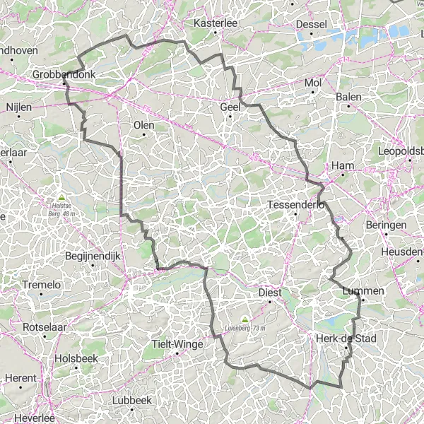 Map miniature of "Grobbendonk - Meerhout Loop" cycling inspiration in Prov. Antwerpen, Belgium. Generated by Tarmacs.app cycling route planner