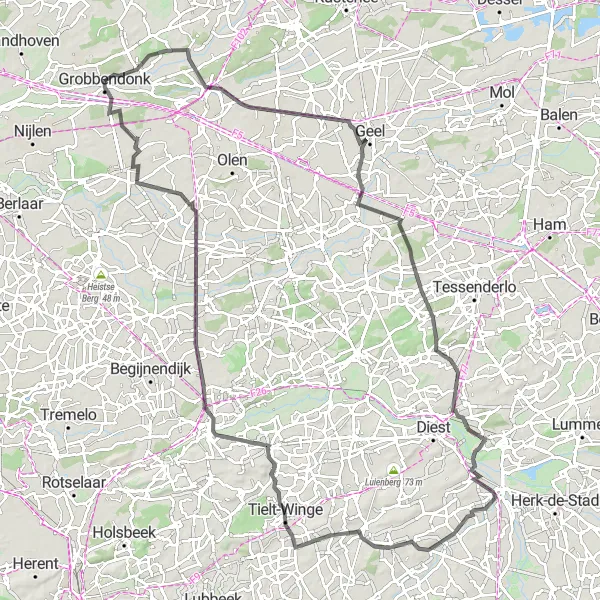 Miniature de la carte de l'inspiration cycliste "Grand Tour en Road de Grobbendonk" dans la Prov. Antwerpen, Belgium. Générée par le planificateur d'itinéraire cycliste Tarmacs.app