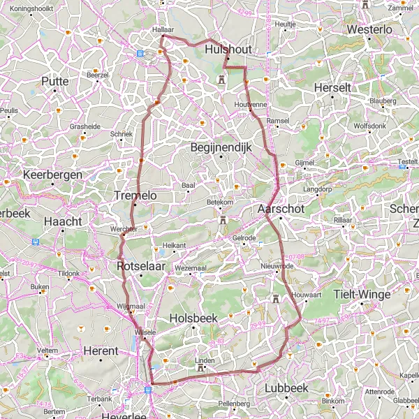 Map miniature of "Gravel Ride through Hallaar" cycling inspiration in Prov. Antwerpen, Belgium. Generated by Tarmacs.app cycling route planner