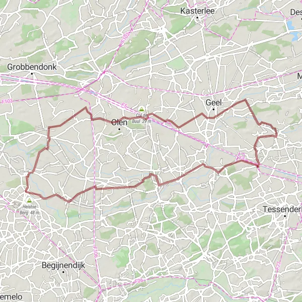 Karten-Miniaturansicht der Radinspiration "Gravelroute Itegem - Heistse Berg" in Prov. Antwerpen, Belgium. Erstellt vom Tarmacs.app-Routenplaner für Radtouren