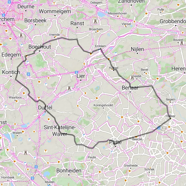 Map miniature of "Scenic Delights" cycling inspiration in Prov. Antwerpen, Belgium. Generated by Tarmacs.app cycling route planner