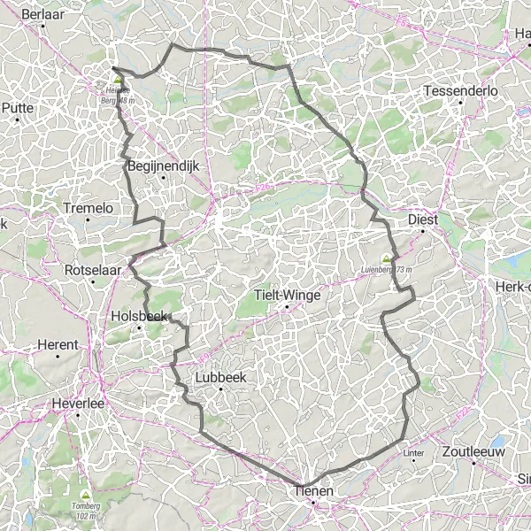 Miniatuurkaart van de fietsinspiratie "Uitdagende route door het Hageland" in Prov. Antwerpen, Belgium. Gemaakt door de Tarmacs.app fietsrouteplanner