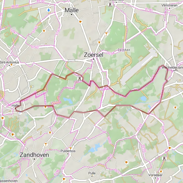 Map miniature of "Halle - Zoerselhof - Wechelderzande Gravel Cycling Route" cycling inspiration in Prov. Antwerpen, Belgium. Generated by Tarmacs.app cycling route planner