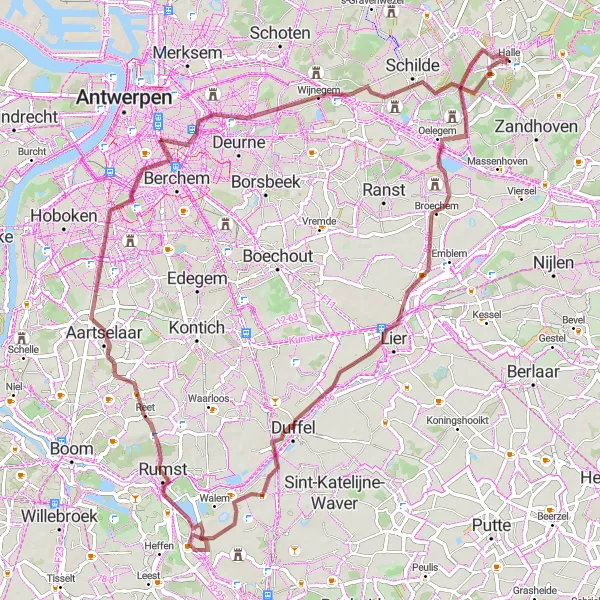 Karten-Miniaturansicht der Radinspiration "Gravel-Tour durch die Brauereien von Antwerpen" in Prov. Antwerpen, Belgium. Erstellt vom Tarmacs.app-Routenplaner für Radtouren