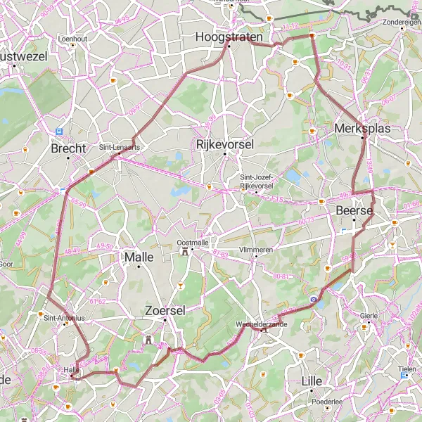 Miniatuurkaart van de fietsinspiratie "Uitdagende gravelroute van en naar Halle" in Prov. Antwerpen, Belgium. Gemaakt door de Tarmacs.app fietsrouteplanner