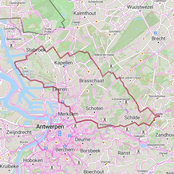 Map miniature of "Wijnegem - Hof van Roosendael - Stabroek - Kapellen - Hof ter Mick Gravel Cycling Route" cycling inspiration in Prov. Antwerpen, Belgium. Generated by Tarmacs.app cycling route planner
