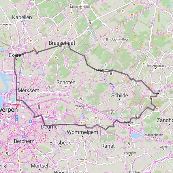 Karten-Miniaturansicht der Radinspiration "Road-Tour durch die Natur von Brasschaat" in Prov. Antwerpen, Belgium. Erstellt vom Tarmacs.app-Routenplaner für Radtouren