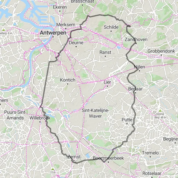 Karten-Miniaturansicht der Radinspiration "Zandhoven nach Schoten Radroute" in Prov. Antwerpen, Belgium. Erstellt vom Tarmacs.app-Routenplaner für Radtouren