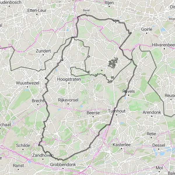 Map miniature of "Halle - Sint-Lenaarts - Meer - Terover - Turnhout - De Borrekens - Pulderbos Road Cycling Route" cycling inspiration in Prov. Antwerpen, Belgium. Generated by Tarmacs.app cycling route planner