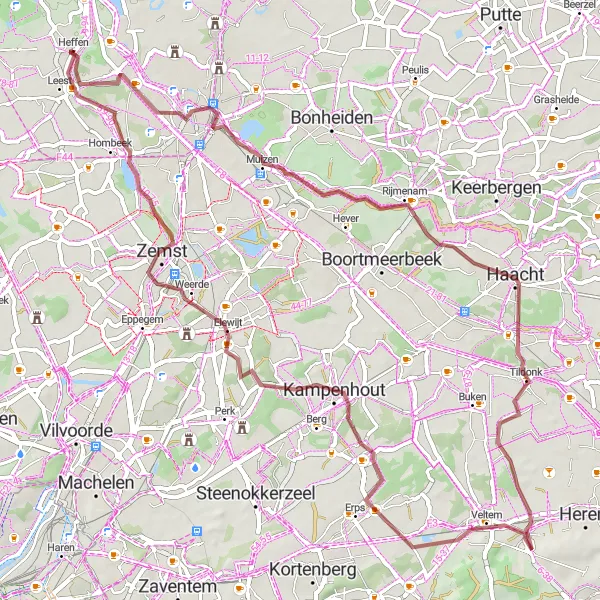 Miniatuurkaart van de fietsinspiratie "63 km Gravelroute van Heffen naar Elewijt" in Prov. Antwerpen, Belgium. Gemaakt door de Tarmacs.app fietsrouteplanner