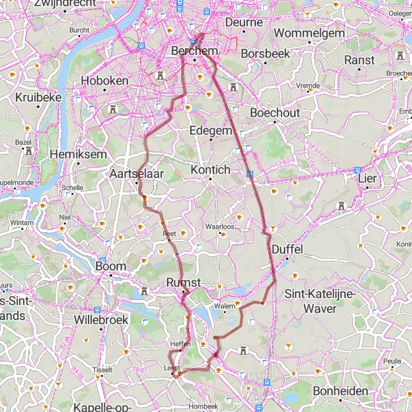 Miniature de la carte de l'inspiration cycliste "Circuit des Châteaux" dans la Prov. Antwerpen, Belgium. Générée par le planificateur d'itinéraire cycliste Tarmacs.app