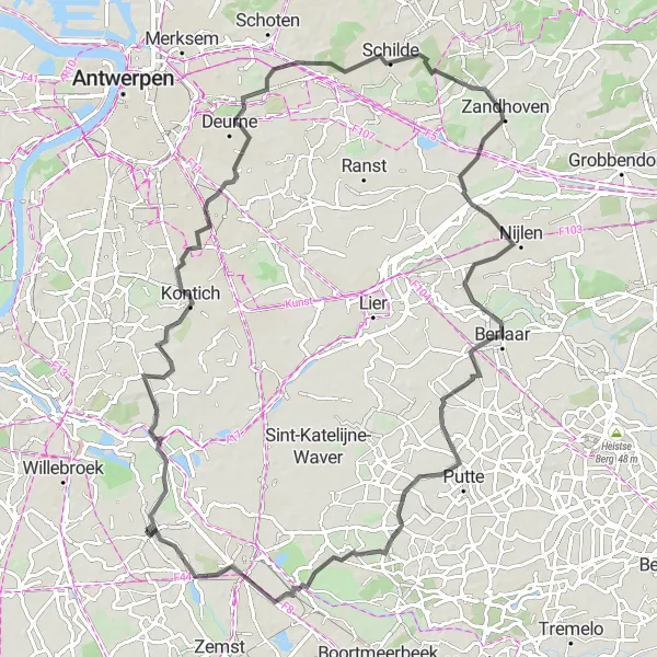 Miniature de la carte de l'inspiration cycliste "Circuit des Châteaux en Belgique" dans la Prov. Antwerpen, Belgium. Générée par le planificateur d'itinéraire cycliste Tarmacs.app
