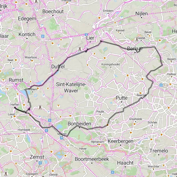 Miniature de la carte de l'inspiration cycliste "Route des Moulins" dans la Prov. Antwerpen, Belgium. Générée par le planificateur d'itinéraire cycliste Tarmacs.app