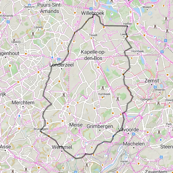 Miniature de la carte de l'inspiration cycliste "Les Châteaux de Campagne" dans la Prov. Antwerpen, Belgium. Générée par le planificateur d'itinéraire cycliste Tarmacs.app