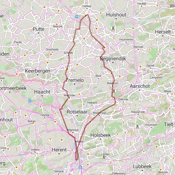 Miniatuurkaart van de fietsinspiratie "Avontuurlijke gravelroute door Betekom" in Prov. Antwerpen, Belgium. Gemaakt door de Tarmacs.app fietsrouteplanner