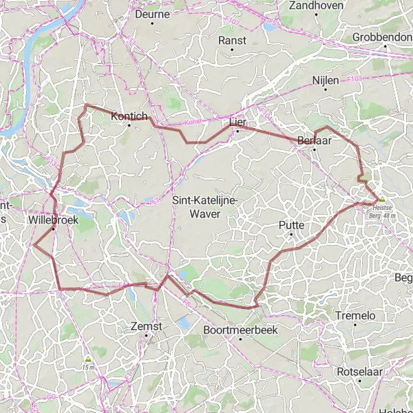 Miniature de la carte de l'inspiration cycliste "Découverte des paysages campagnards" dans la Prov. Antwerpen, Belgium. Générée par le planificateur d'itinéraire cycliste Tarmacs.app