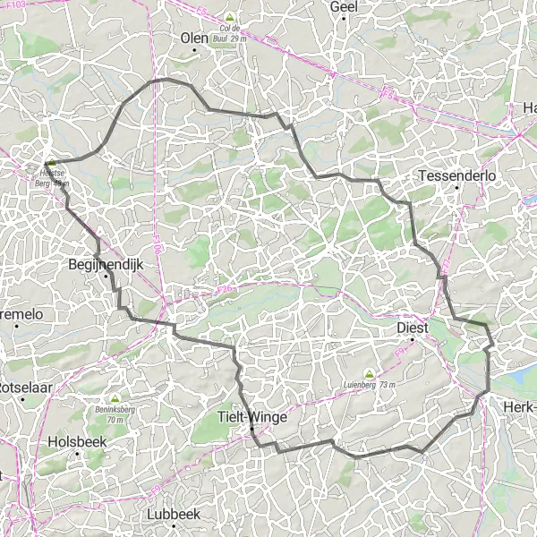 Map miniature of "Heist-op-den-Berg Ultimate Road Cycling Challenge" cycling inspiration in Prov. Antwerpen, Belgium. Generated by Tarmacs.app cycling route planner