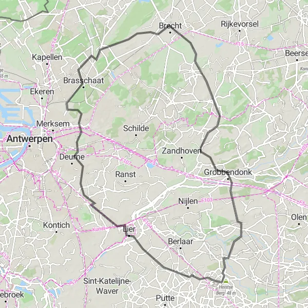 Map miniature of "Heist-op-den-Berg Loop Road Cycling Route" cycling inspiration in Prov. Antwerpen, Belgium. Generated by Tarmacs.app cycling route planner