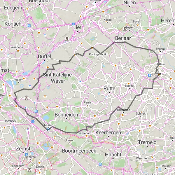 Miniature de la carte de l'inspiration cycliste "Les collines et villages de l'Antwerpen" dans la Prov. Antwerpen, Belgium. Générée par le planificateur d'itinéraire cycliste Tarmacs.app