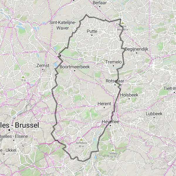 Miniature de la carte de l'inspiration cycliste "Aventure à travers les paysages variés" dans la Prov. Antwerpen, Belgium. Générée par le planificateur d'itinéraire cycliste Tarmacs.app