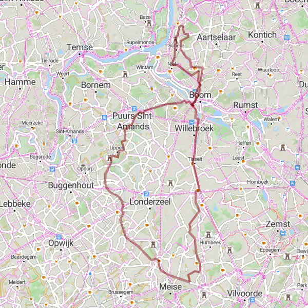 Miniature de la carte de l'inspiration cycliste "Le Chemin des Campagnes Verdoyantes" dans la Prov. Antwerpen, Belgium. Générée par le planificateur d'itinéraire cycliste Tarmacs.app