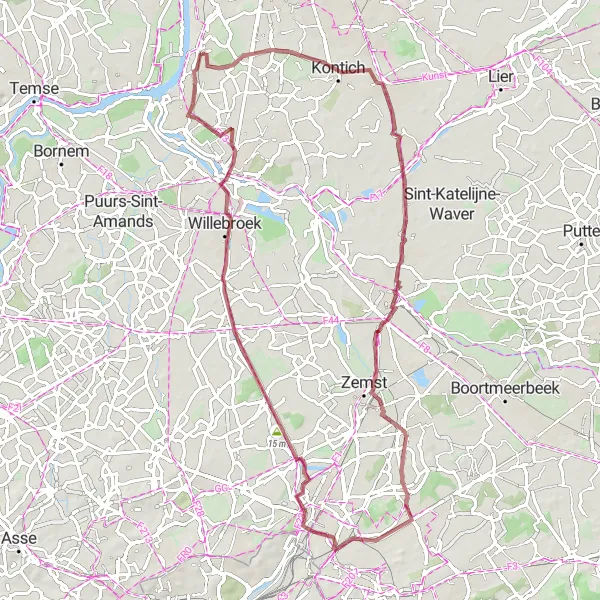 Miniature de la carte de l'inspiration cycliste "Le Circuit des Villages Charmants" dans la Prov. Antwerpen, Belgium. Générée par le planificateur d'itinéraire cycliste Tarmacs.app