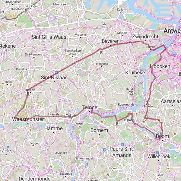 Miniatuurkaart van de fietsinspiratie "Gravelroute van Hemiksem naar Waasmunster via Hof ter Welle" in Prov. Antwerpen, Belgium. Gemaakt door de Tarmacs.app fietsrouteplanner