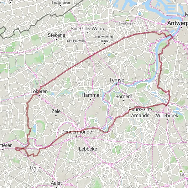 Miniature de la carte de l'inspiration cycliste "La Boucle des Paysages Fluviaux" dans la Prov. Antwerpen, Belgium. Générée par le planificateur d'itinéraire cycliste Tarmacs.app