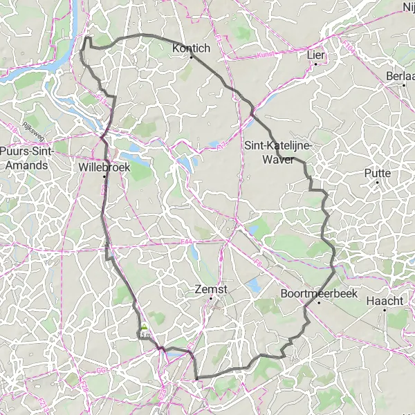 Miniature de la carte de l'inspiration cycliste "Circuit Entre Campagne et Rivière" dans la Prov. Antwerpen, Belgium. Générée par le planificateur d'itinéraire cycliste Tarmacs.app