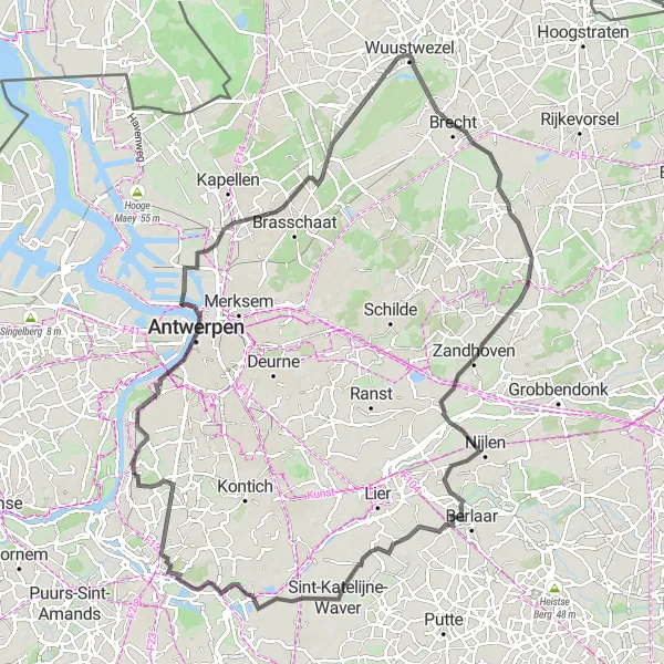 Map miniature of "Skyline Loop" cycling inspiration in Prov. Antwerpen, Belgium. Generated by Tarmacs.app cycling route planner
