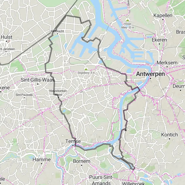 Miniature de la carte de l'inspiration cycliste "La Boucle des Chemins de Campagne" dans la Prov. Antwerpen, Belgium. Générée par le planificateur d'itinéraire cycliste Tarmacs.app