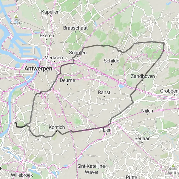Map miniature of "Borgerhout to Kasteel Cleydael Loop" cycling inspiration in Prov. Antwerpen, Belgium. Generated by Tarmacs.app cycling route planner