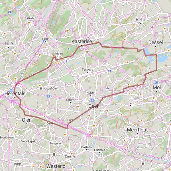 Miniature de la carte de l'inspiration cycliste "Le Tour des Tours" dans la Prov. Antwerpen, Belgium. Générée par le planificateur d'itinéraire cycliste Tarmacs.app