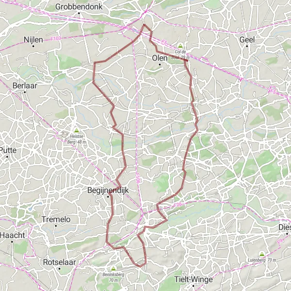 Map miniature of "Westerlo and Aarschot Gravel Adventure" cycling inspiration in Prov. Antwerpen, Belgium. Generated by Tarmacs.app cycling route planner