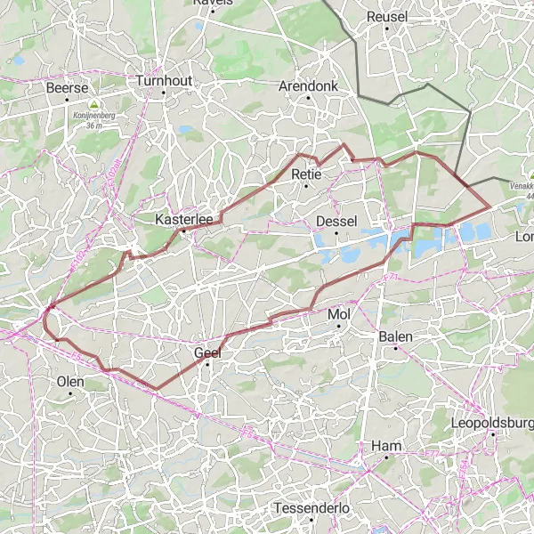 Miniature de la carte de l'inspiration cycliste "Aventure gravelleuse autour de Kasterlee" dans la Prov. Antwerpen, Belgium. Générée par le planificateur d'itinéraire cycliste Tarmacs.app