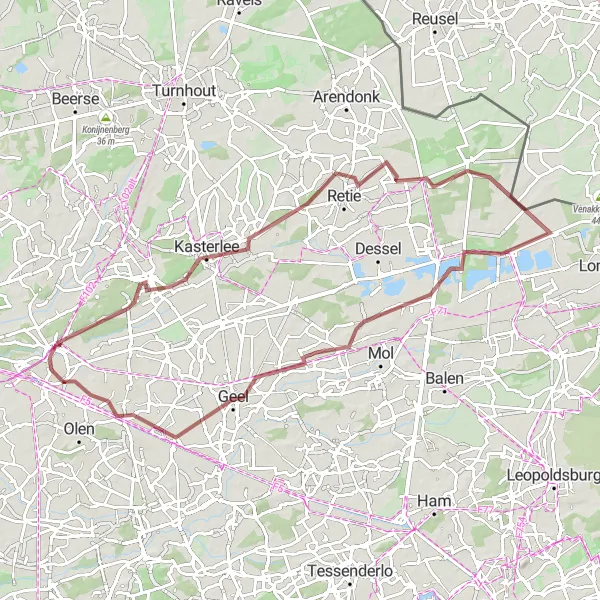 Miniatuurkaart van de fietsinspiratie "Gravelroute Herentals - Geel - Herentals" in Prov. Antwerpen, Belgium. Gemaakt door de Tarmacs.app fietsrouteplanner