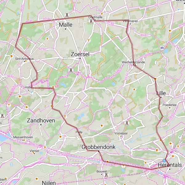 Map miniature of "Exploring Gravel Routes near Grobbendonk" cycling inspiration in Prov. Antwerpen, Belgium. Generated by Tarmacs.app cycling route planner
